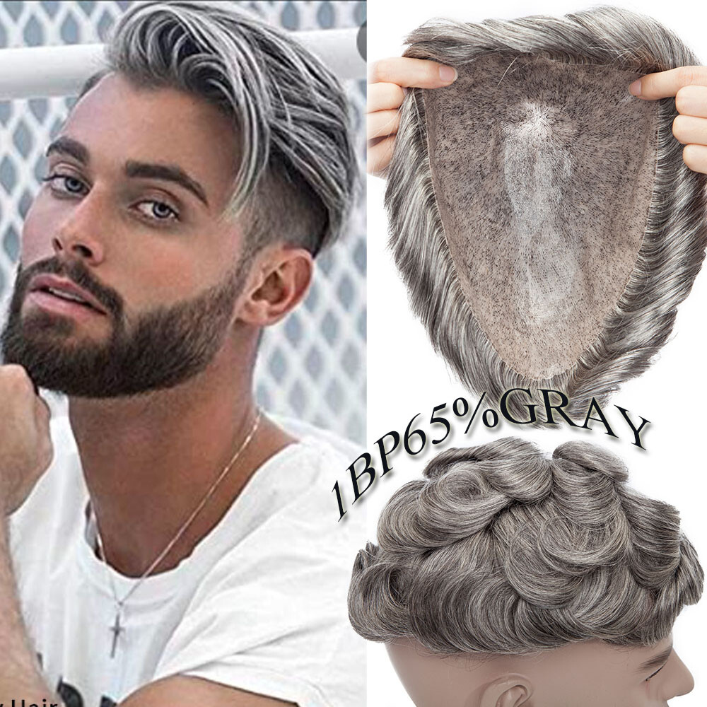 65% GRAY Thin Skin Mens Toupee Hair Replacement System For Men Full Poly PU Wigs