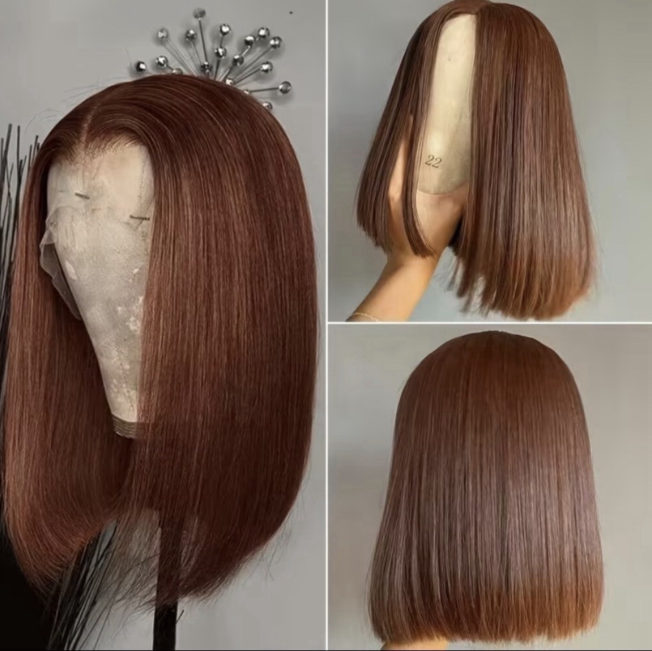 16 inch Glueless lace front wig (human hair) Straight bob. Auburn/Med brown