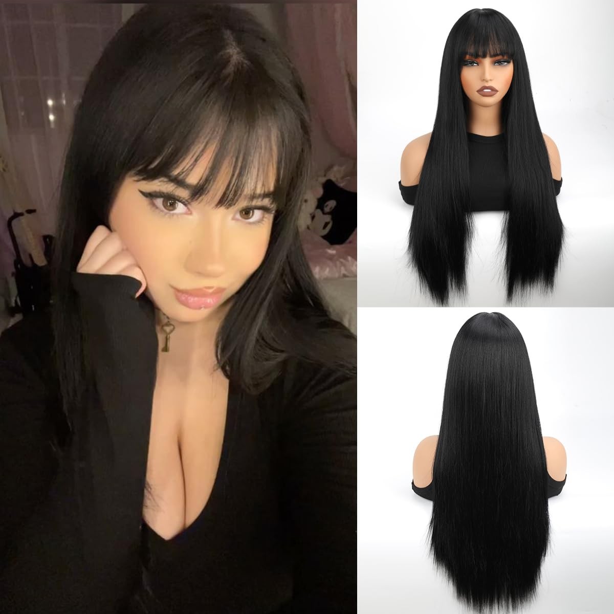 28 Inches Long Synthetic Wigs For Women Black Color Middle Part Heat Resistan…