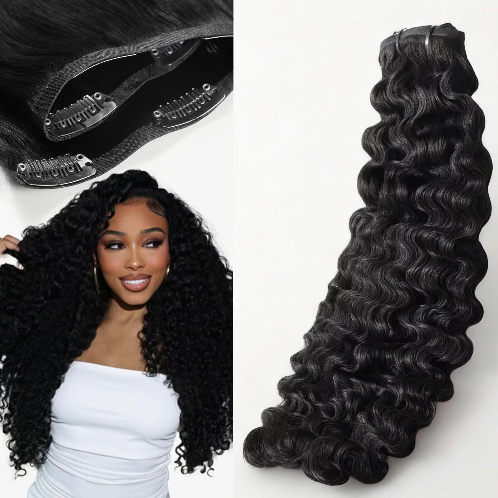 Seamless Clip-In Hair Extensions 135g 7pcs, 20″ Curly Real Human Hair, Natural C