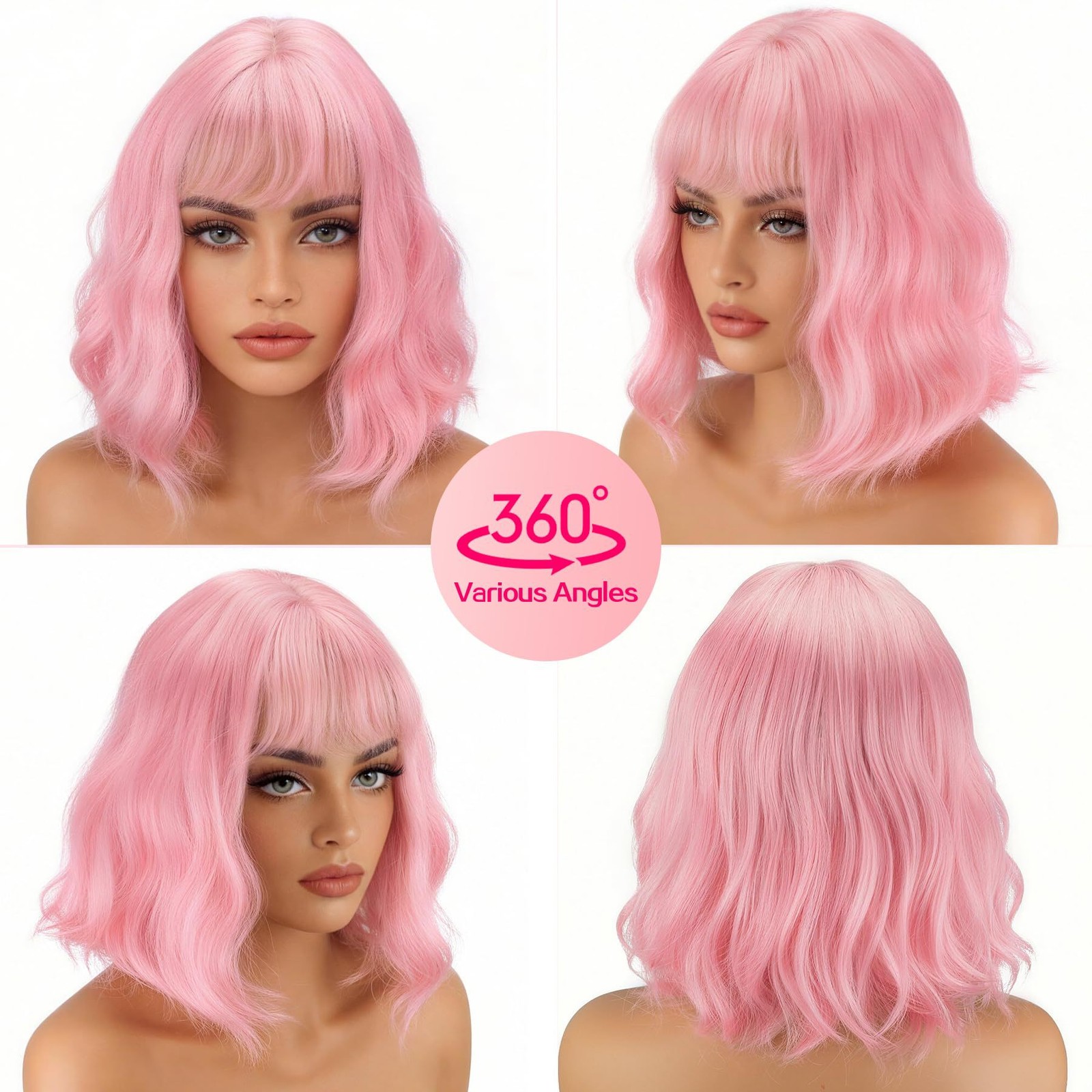 Women Short Water Wave Curly Wig Full Bangs Heat Resistant Synthetic Natural