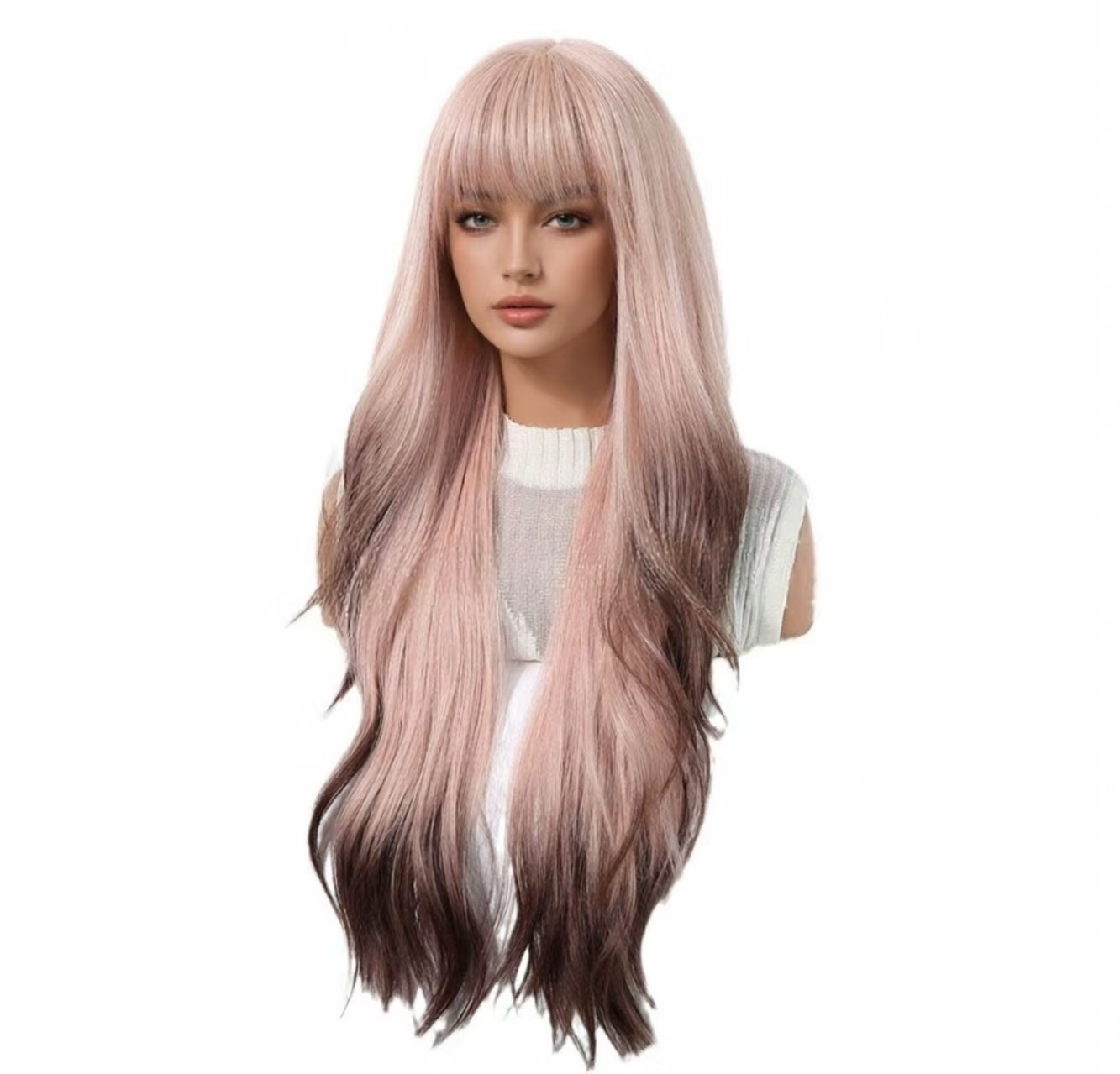 Long Wavy Light Pink Wigs with Bangs for Women Cosplay Party Synthetic Hair Wig