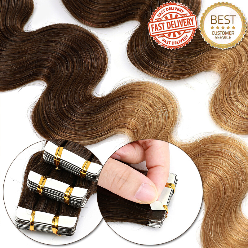 200g 80pcs Tape In Human Hair Extensions Skin Weft FULL HEAD Body Wave Ombre