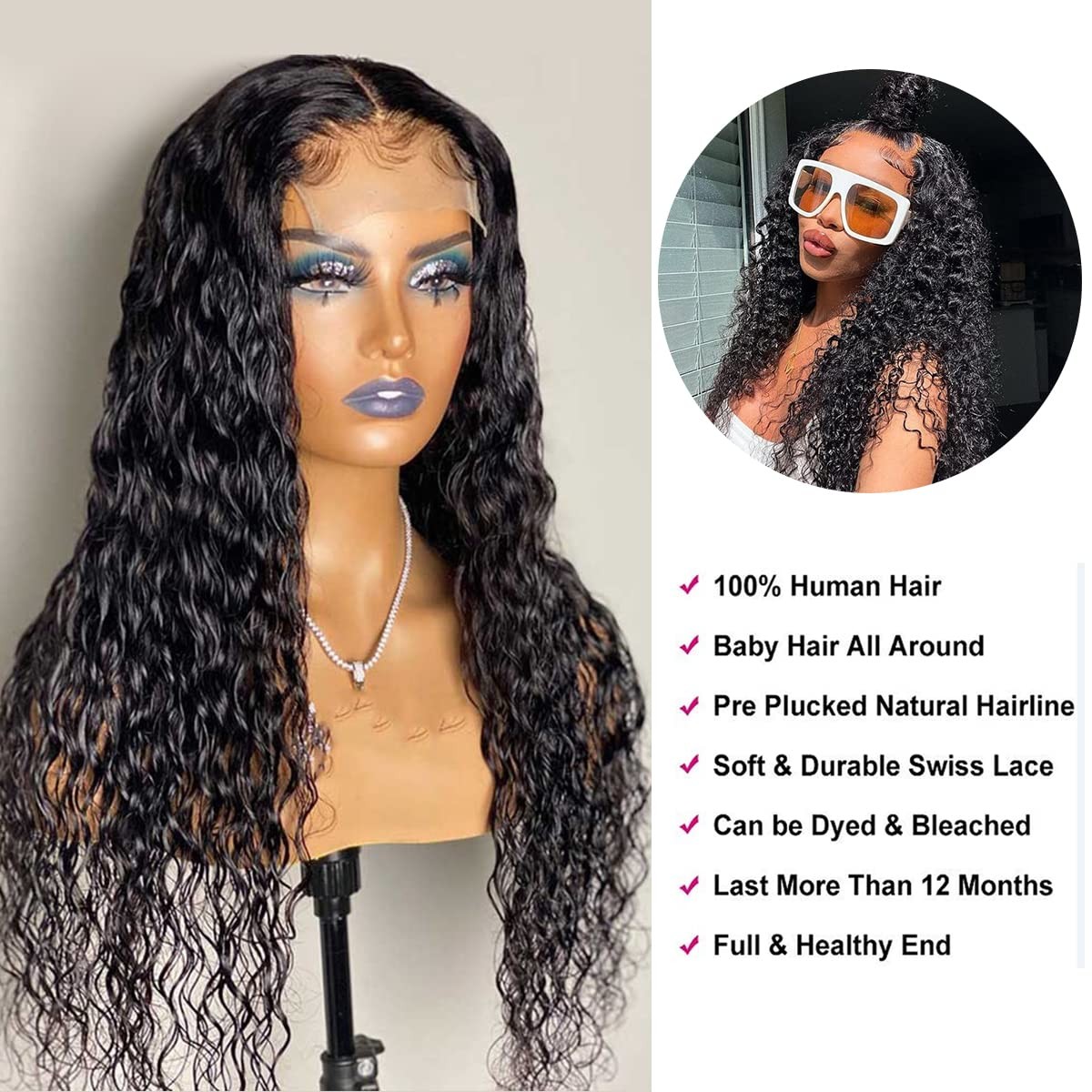 18 Inch Deep Wave Lace Front Wigs Human Hair 4×4 HD Lace Closure Wig 150% Den…