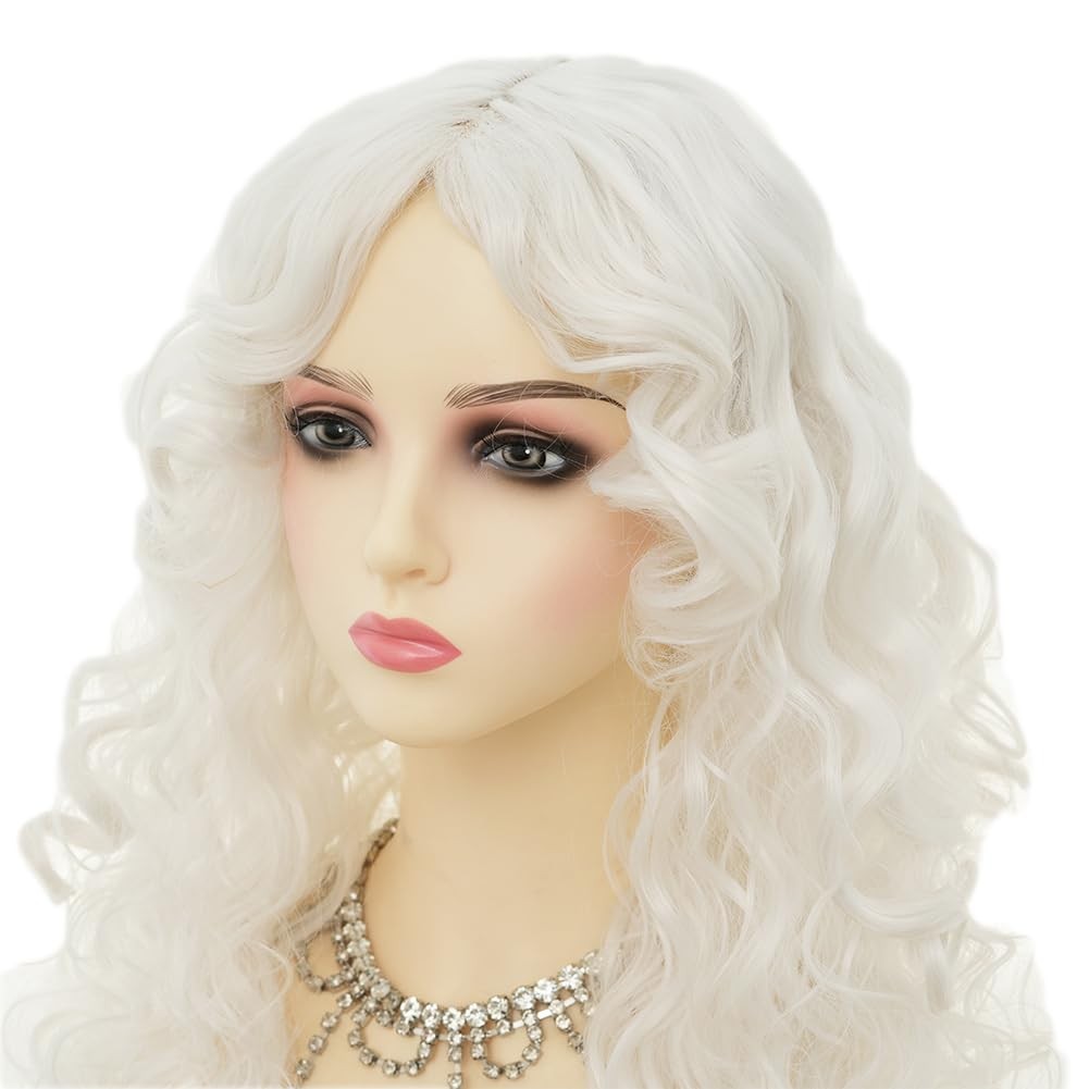 White Long Curly Wigs for Women With bangs Synthetic Queen Princess Middle Pa…