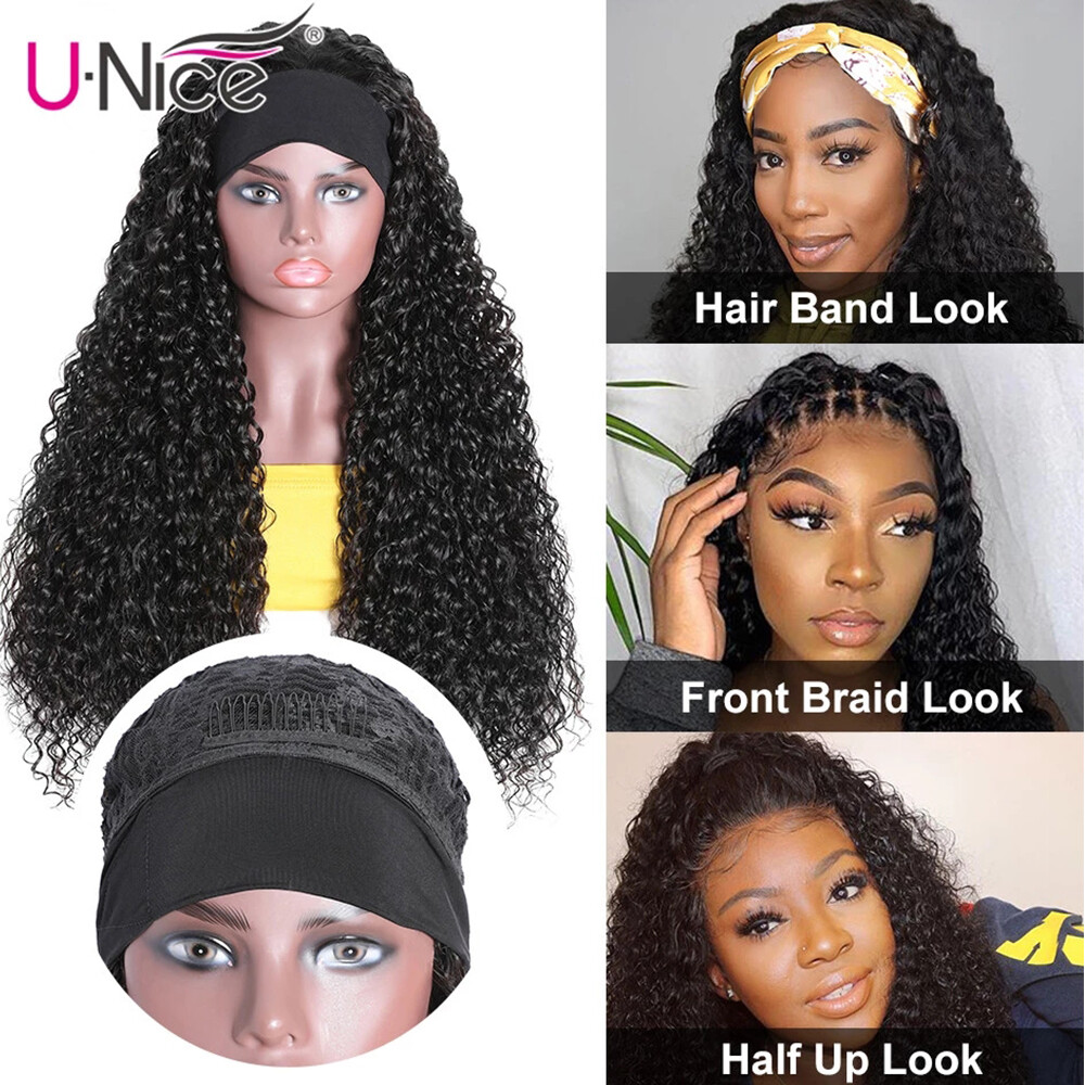 UNice Malaysian Headband Curly Human Hair Wigs 20″ Glueless Easy to Wear and Go