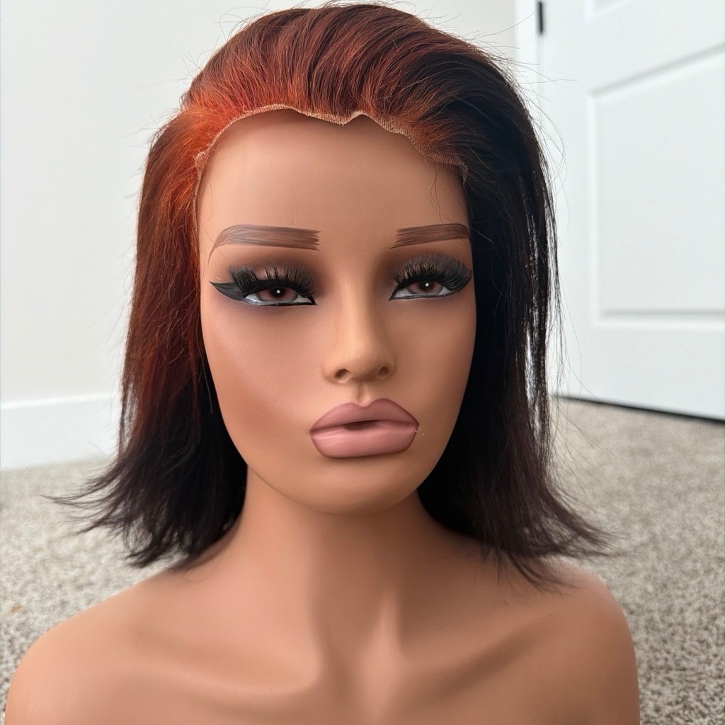 Lace Front Straight Bob human hair Wig Dark Brown/Copper Red Highlights Women