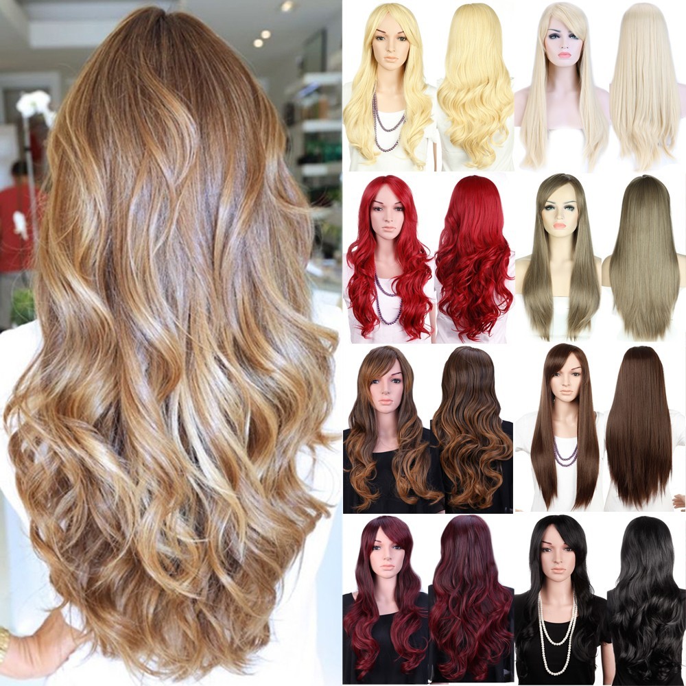 Ombre Long Curly Wavy Hair Wig Women Long Full Wigs with Bangs Cosplay Party #lg