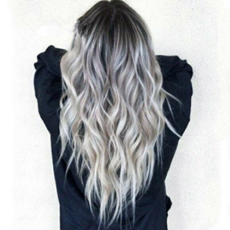 Fashion Middle Part Long Curly Hairpieces Gradient Gray Cosplay Synthetic Hair