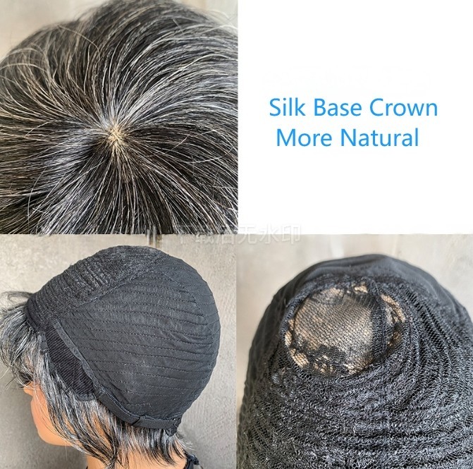 Women Short Salt and Pepper Pixie Cut Human Hair Wigs with Bangs Silk Base Crown
