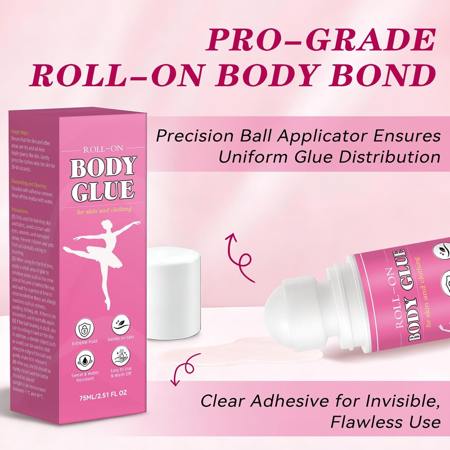 Body Glue for Clothes & Skin 2.54 Oz, Roll-On Body Adhesive, Sweat Resistant, Sk