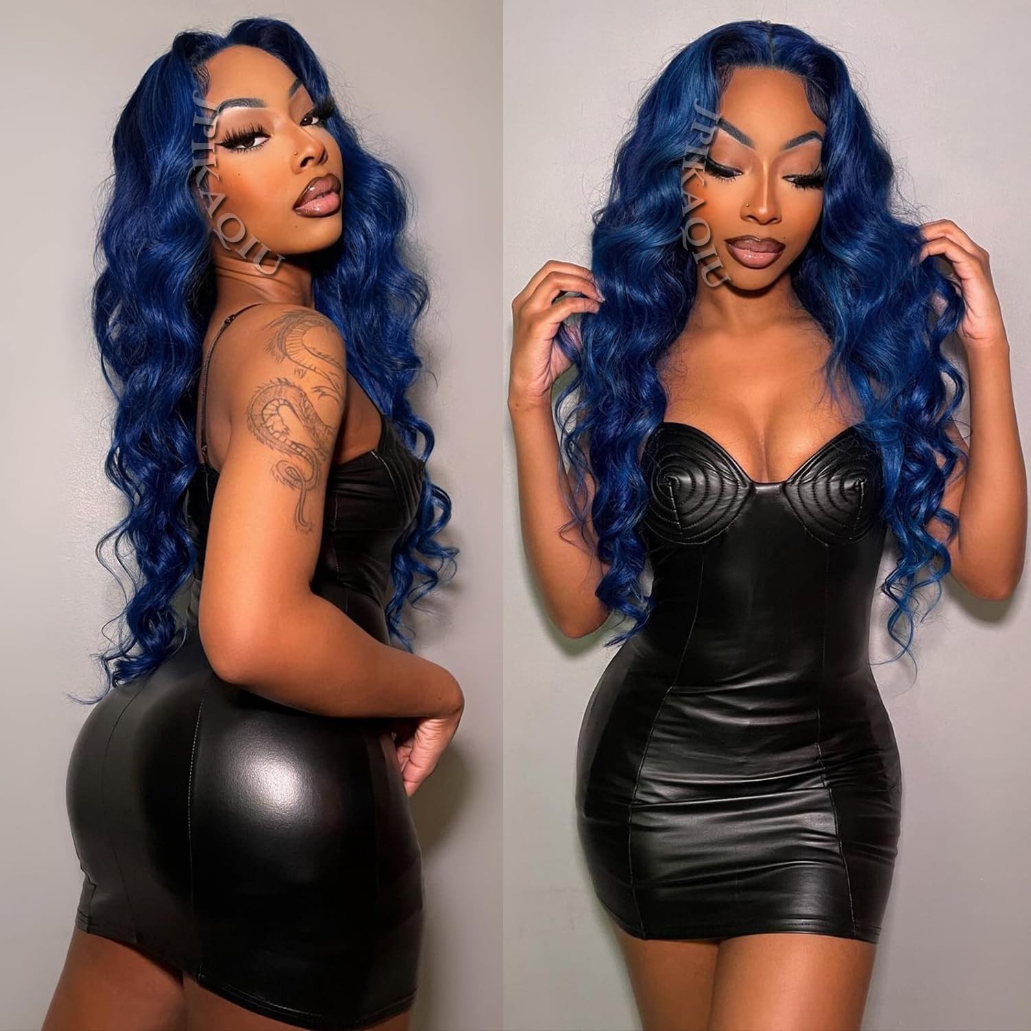 JPIKAQIU 24″ Dark Blue Lace Front Wig Pre Plucked Long Body Wave 13×4