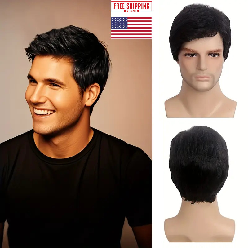 Men’s Short Black Wig Little Wavy Synthetic Straight Hair Daily Natural Look