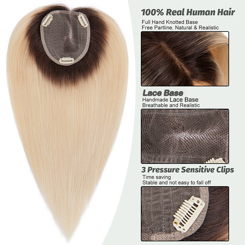 Clip in Real Remy Human Hair Topper Women’s Ombre Hairpiece Top Toupee Side Part