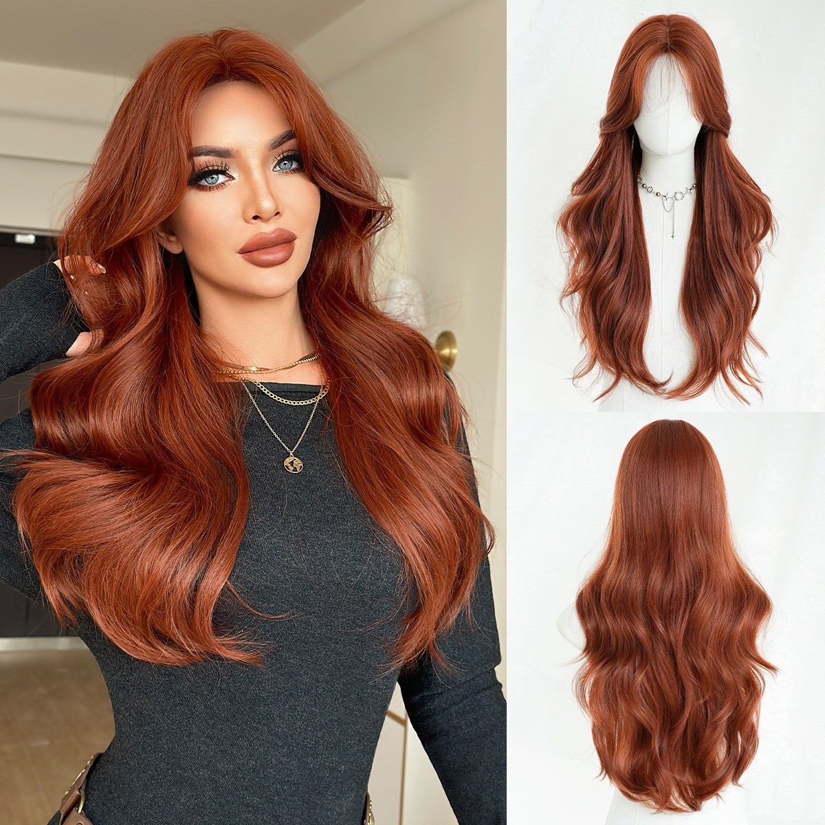 Wig with orange-red curly bangs long hair big waves fluffy texture