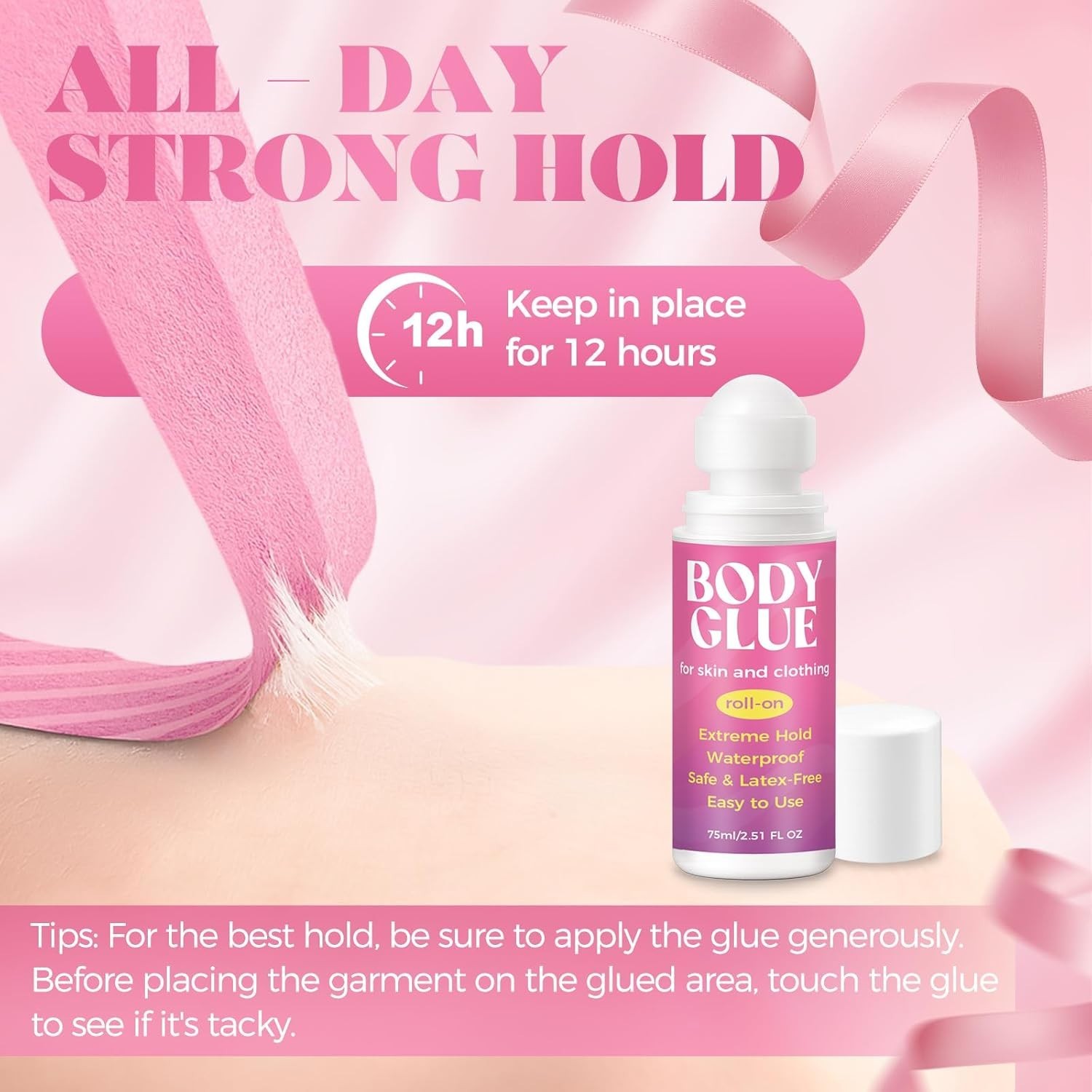 Body Glue for Clothes & Skin 2.54 Oz, Body Adhesive Roll-On, Sweat Resistant,…