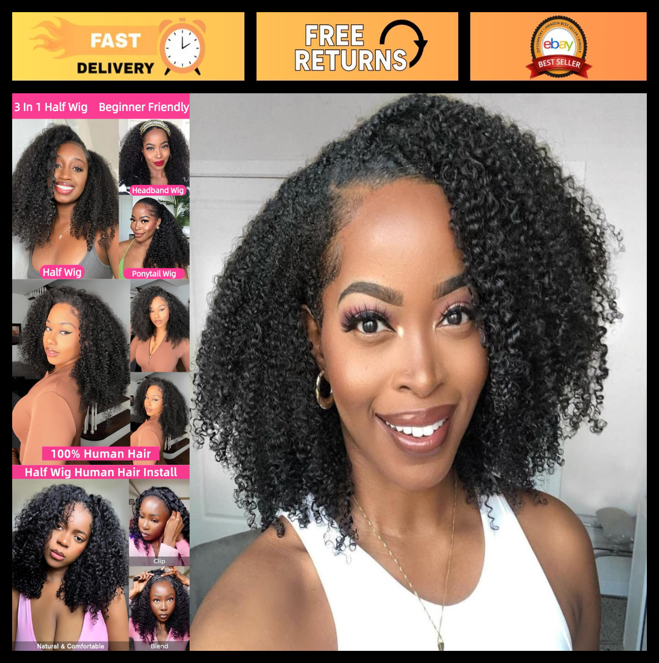 Curly Half Wig Human Hair 200 Density, Beginner-Friendly, Glueless 18″ Kinky Cur