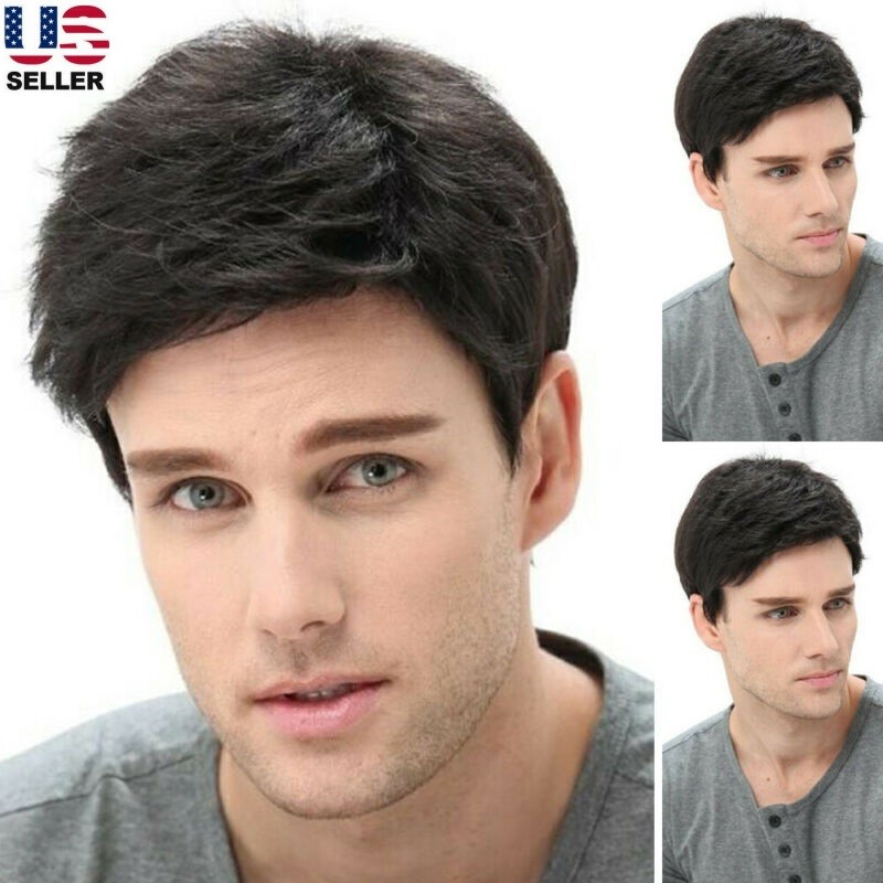 Men’s Short Black Wig Little Wavy Synthetic Straight Hair Daily Natural Look
