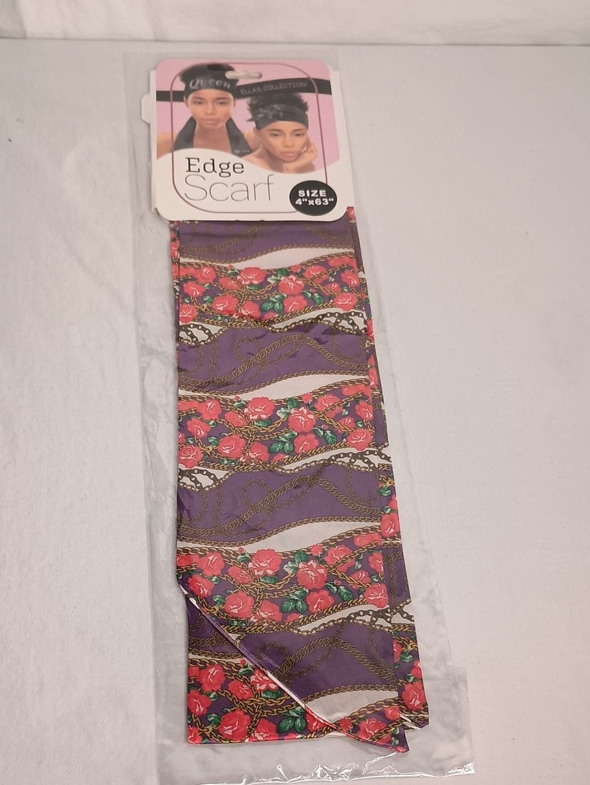 Queen Ellas Collection Women’s Satin purple edge scarf floral and chain pattern
