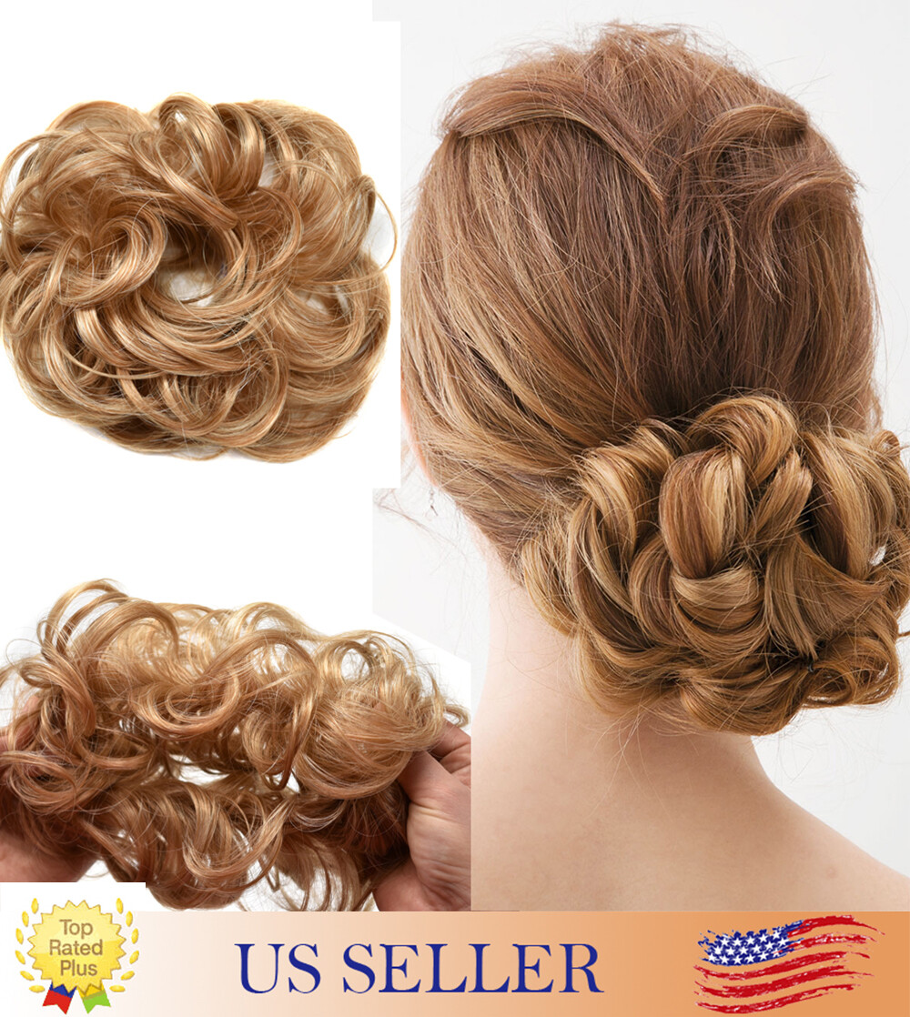 Real Natural Curly Messy Bun HairPiece Scrunchie Hair Extensions as Human Blonde