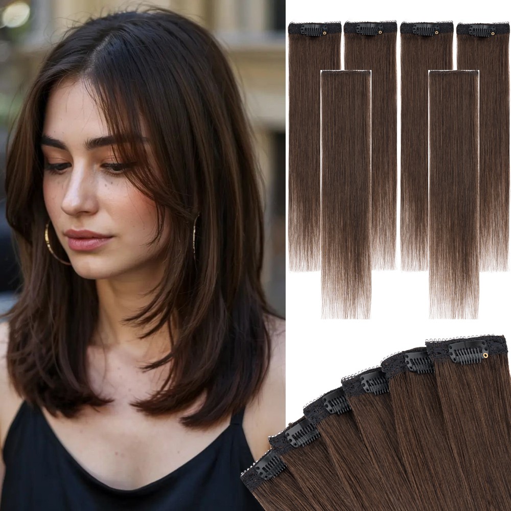 6pcs 6 Clips in Remy Human Hair Extensions Hairpiece Short Straight Highlight US