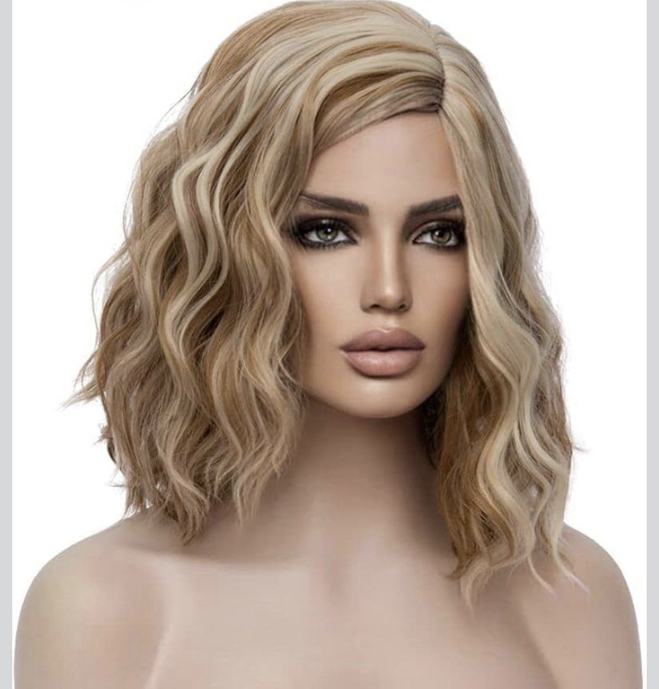 MAGQOO Short Curly Wavy Bob wig, Blonde Brown w/ Side Part, Women Synthetic Hair