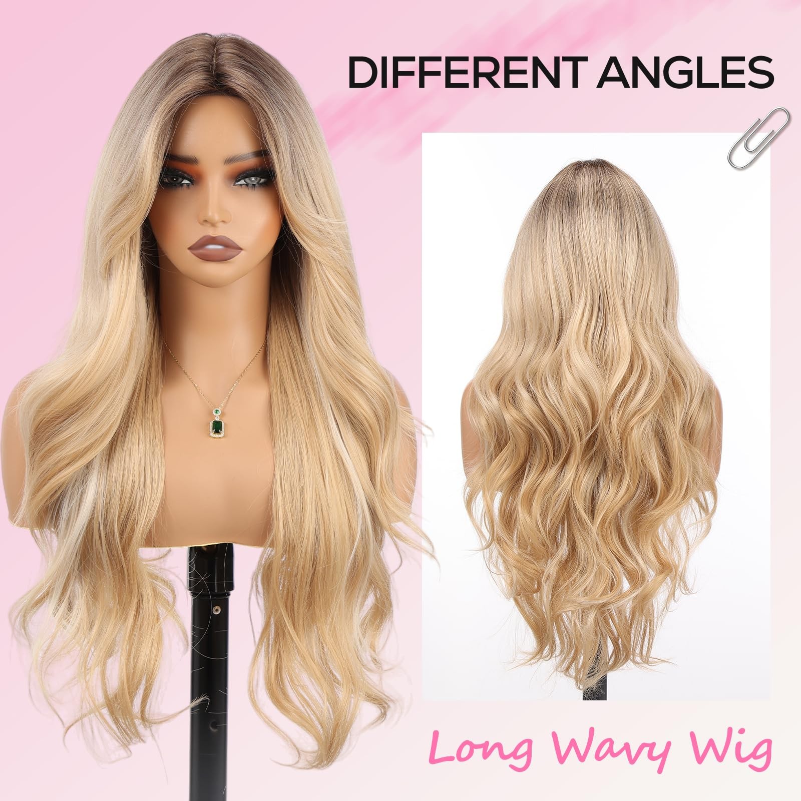 Long Ombre Blonde Wig for Women, 28 Inch Wavy Synthetic Wig with Curtain Bang…