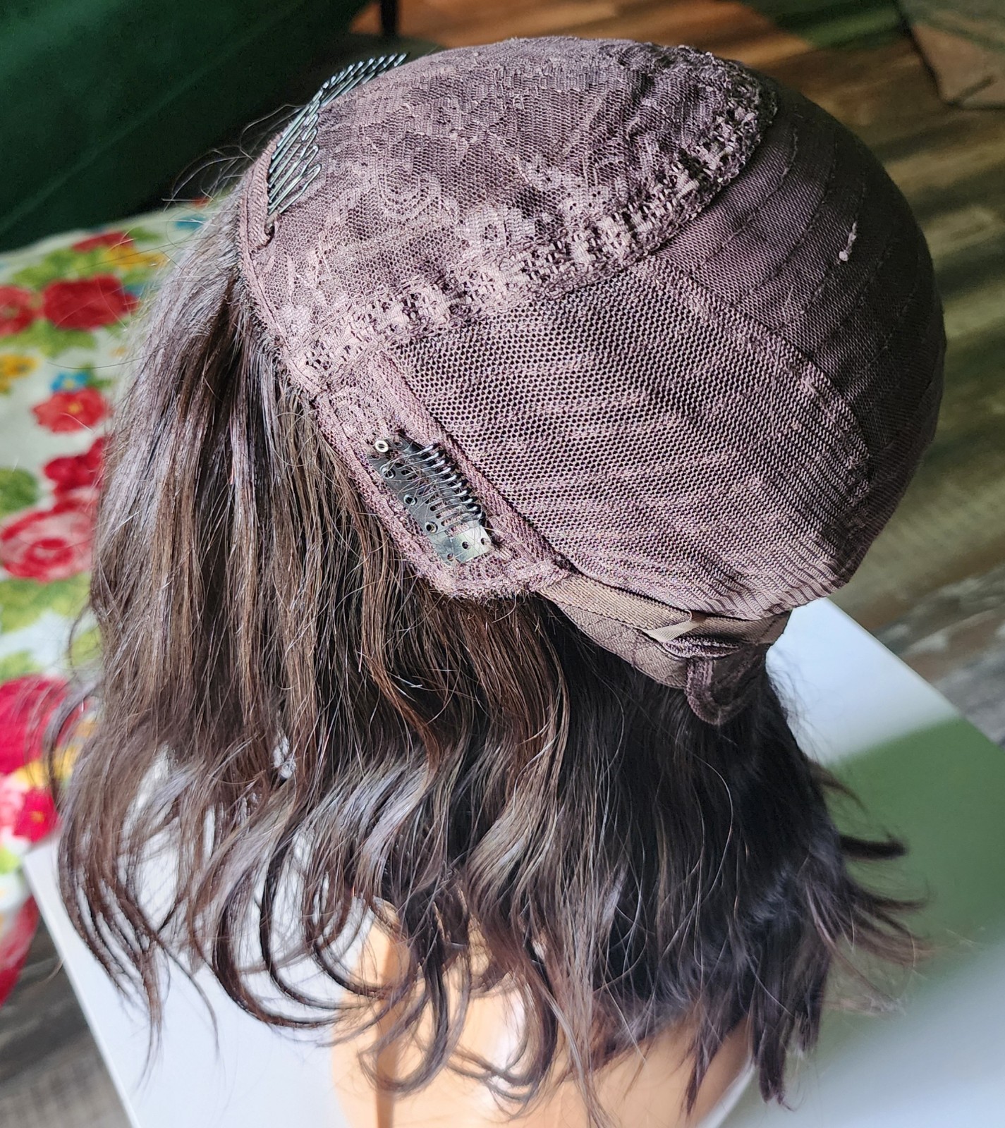 Dark Brown Wavy Layered Human Hair Wig 16 inches Medium Cap, Mono Part