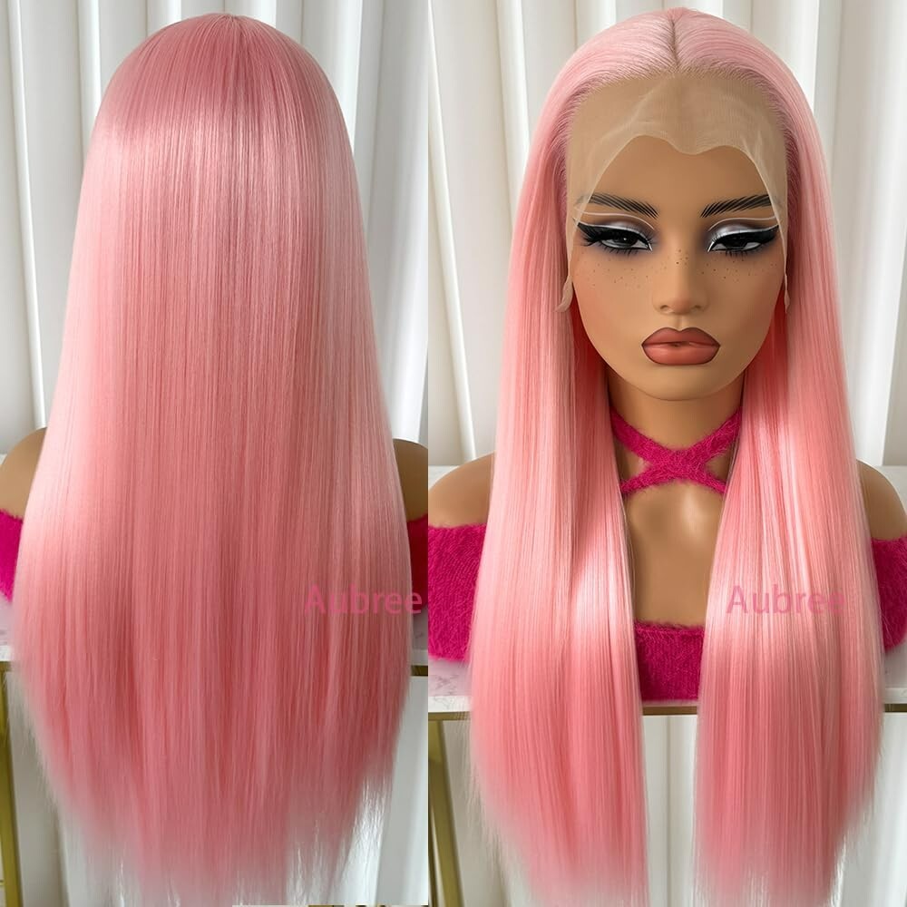 Pink Lace Front Wigs for Women Girls Party Long Silky Straight Hair Glueless Wig