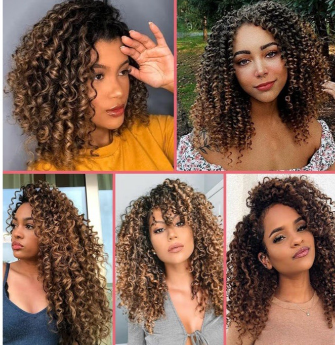 14 inch 6 pack curly crochet hair beach curl water wave Ombre Brown + Hoop