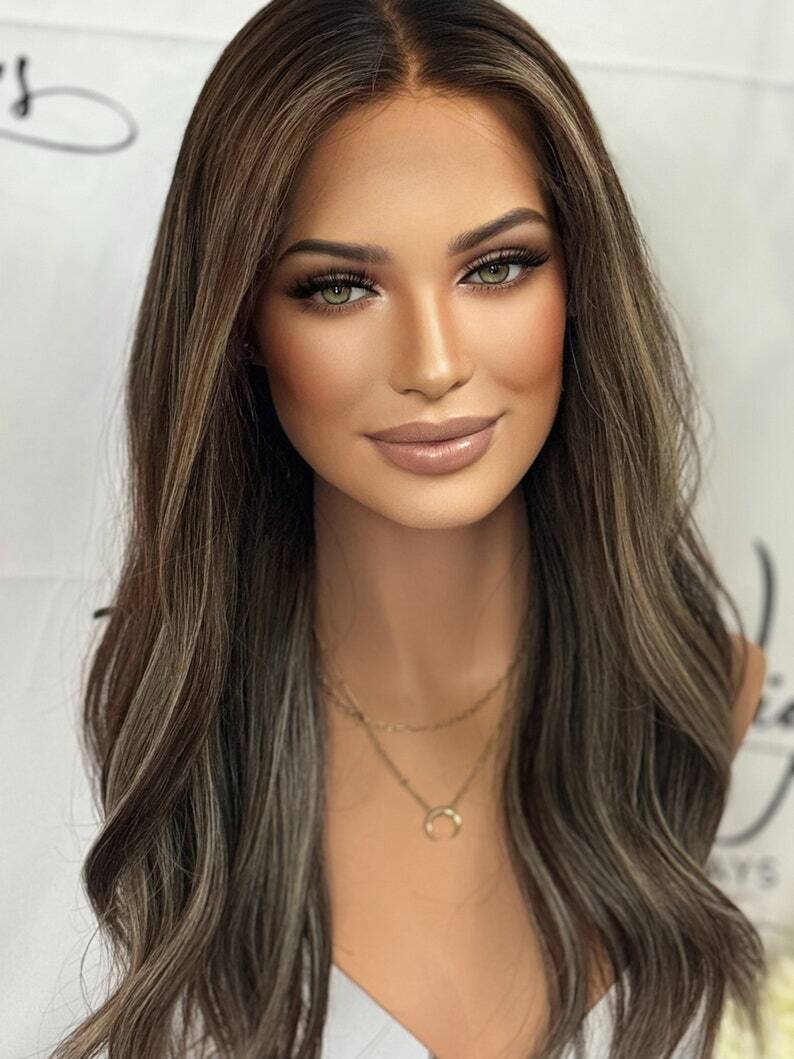 18 inch Ash Brown Highlight Lace Front Wig Human Hair Pre Plucked Body Wave