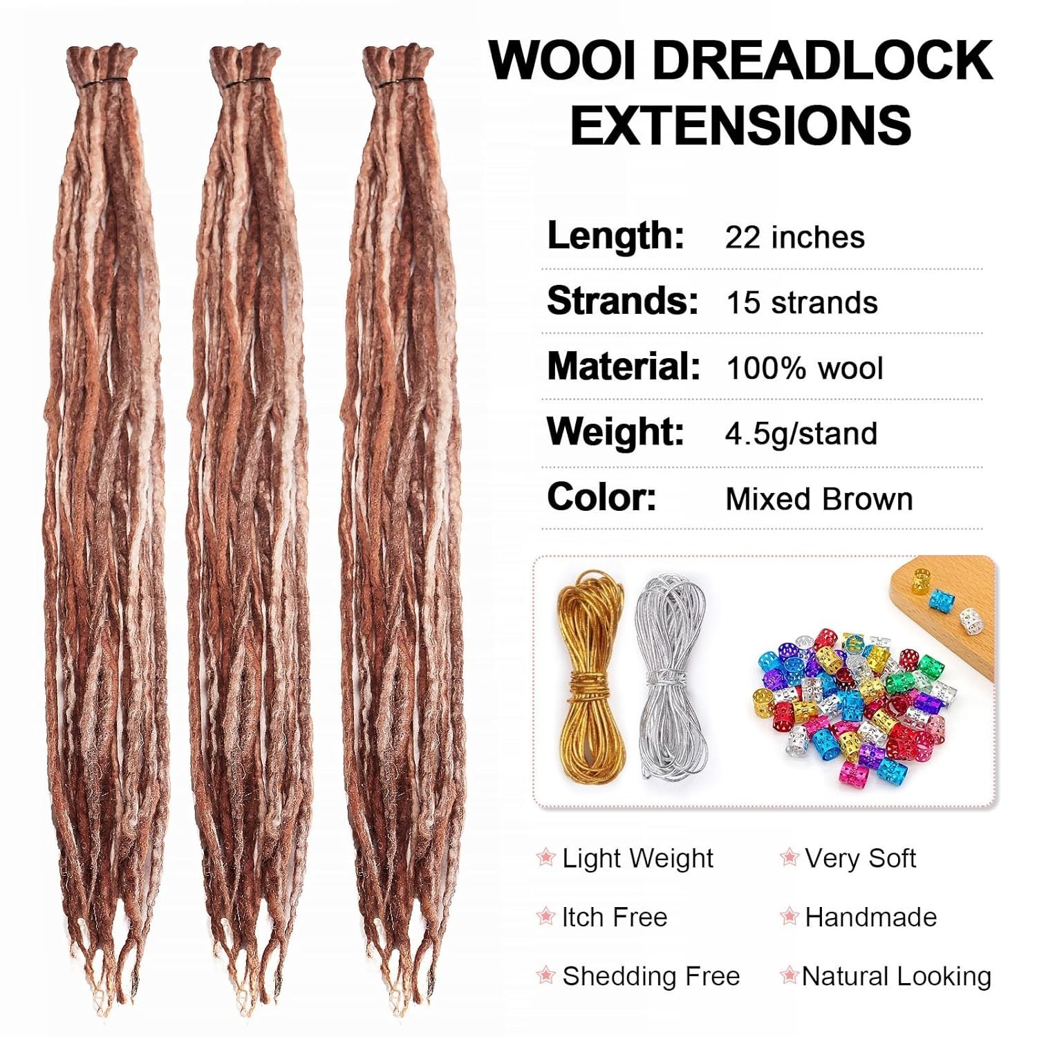22 Inch Wool Double Ended Dreadlock Extensions,15 Strands DE Ends Mixed Brown Sy