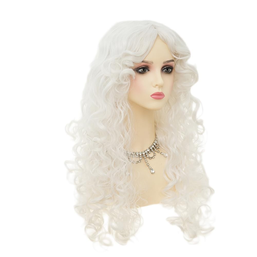 White Long Curly Wigs for Women With bangs Synthetic Queen Princess Middle Pa…
