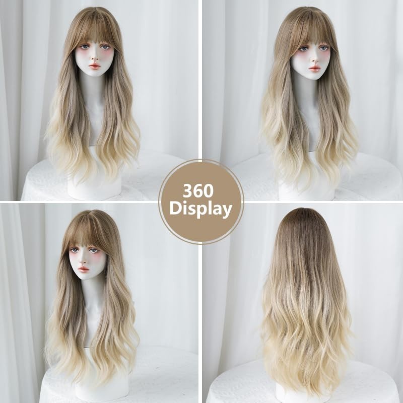 26 Inches Long Wavy Curly Wig for Women Blonde Brown Synthetic Hair Natural C…