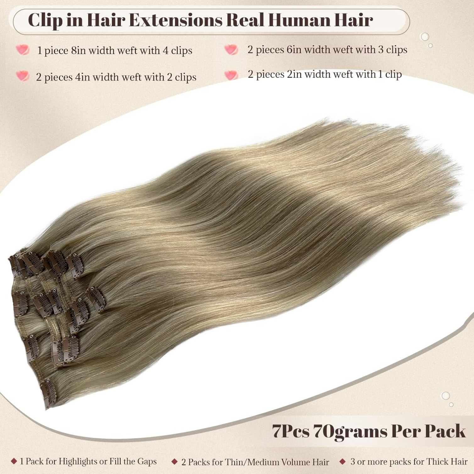 70g Beige Blonde Remy Hair Extensions Clip in Human Hair Extensions Seamless #18