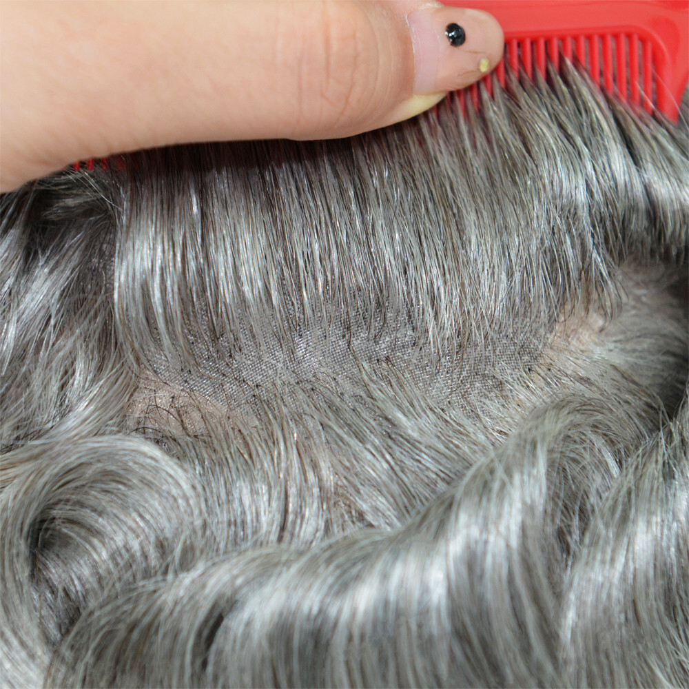Mens Human Hair Replacement Systems Fine Mono Toupee Bond Grey Hairpieces #365