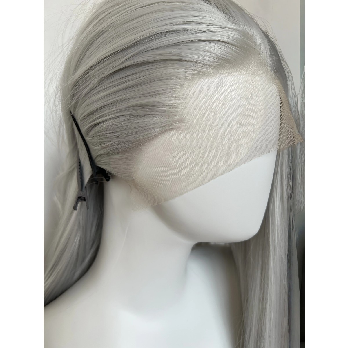 Lace Frontal Wig Silver Gray Synthetic Hair Soft Layered Long Straight