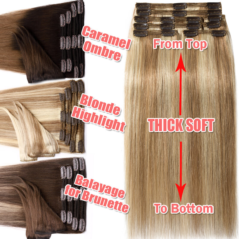 THICK Double Weft Clip In Real Remy Human Hair Extensions Full Head 8pcs Caramel