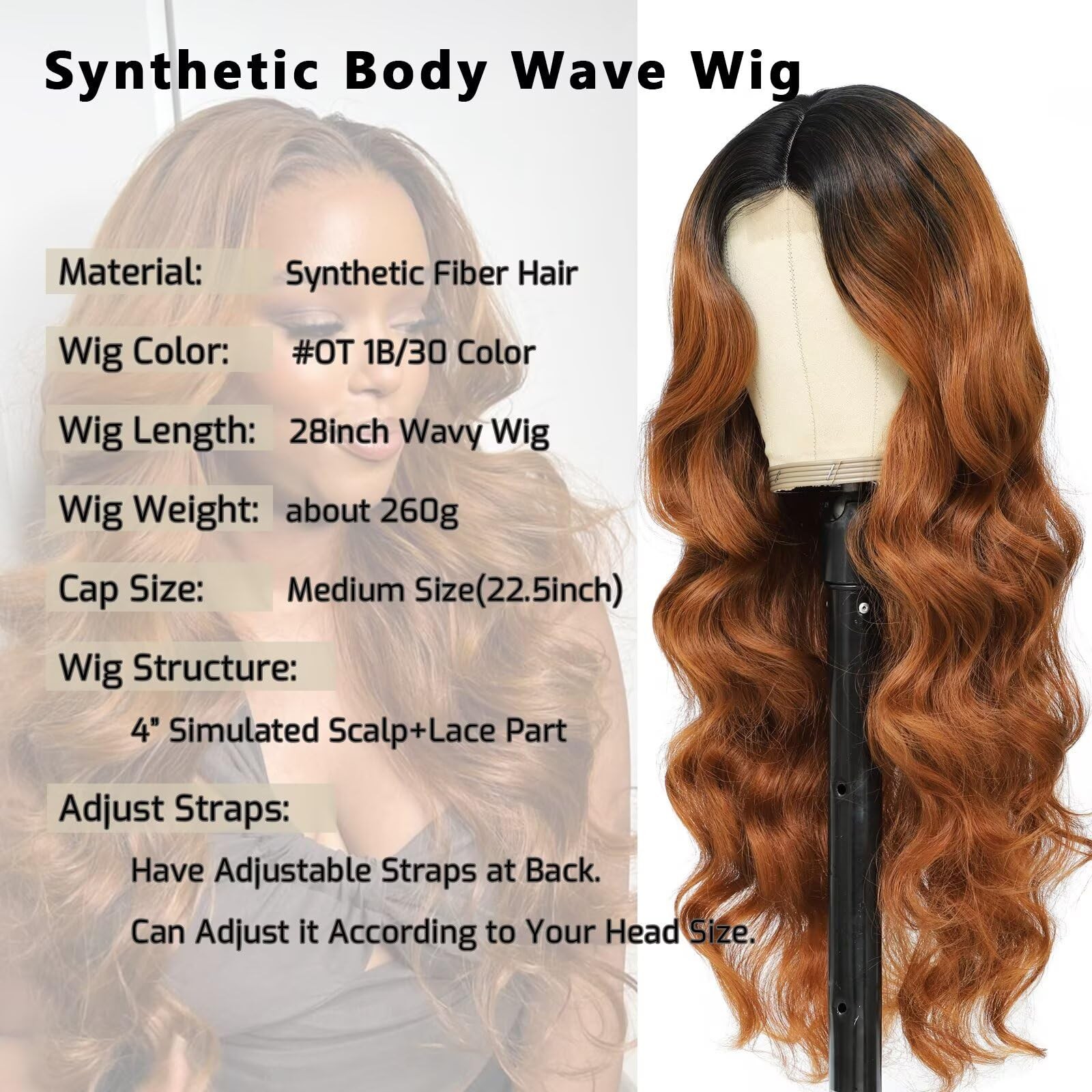 Ombre Brown Wig For Women 28 Inch Long Wavy Synthetic Lace Front Wig 1b/30 Mi…