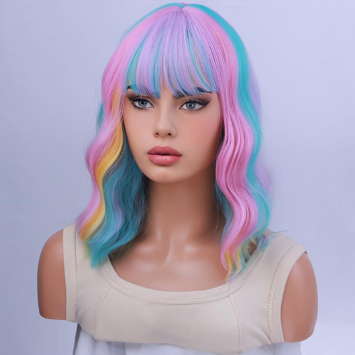 Rainbow Wigs for Women Short Curly Wavy Multi Color Wig for Girls Short Bob W…