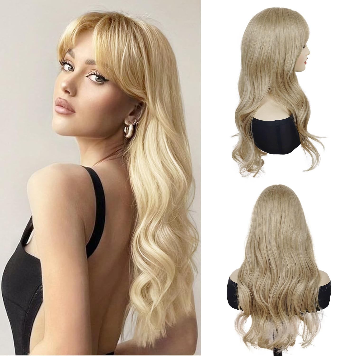 24 Inch Long Blonde Wig With Bangs 24 Inch Long Wavy Wig For Women Bouncy And…