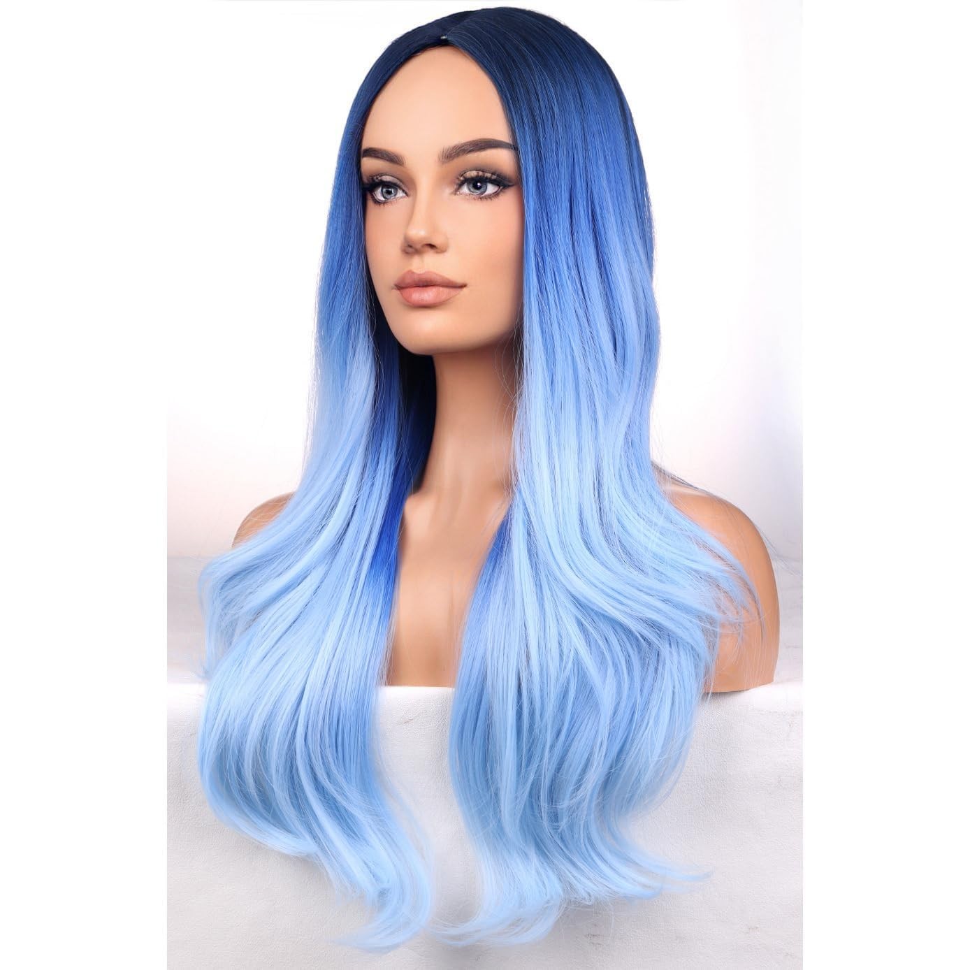 Blue Wigs Long Wavy Wig for Women Girls Blue Ombre Colored Heat Resistant Syn…