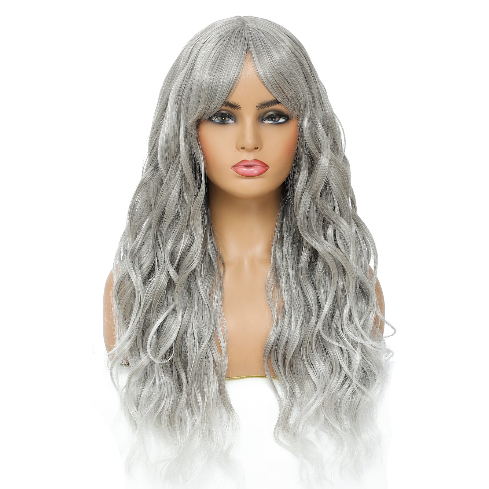 Long Curly Wavy Wig with Bangs Synthetic Hair Wig for Women with Wig Cap (Gre…