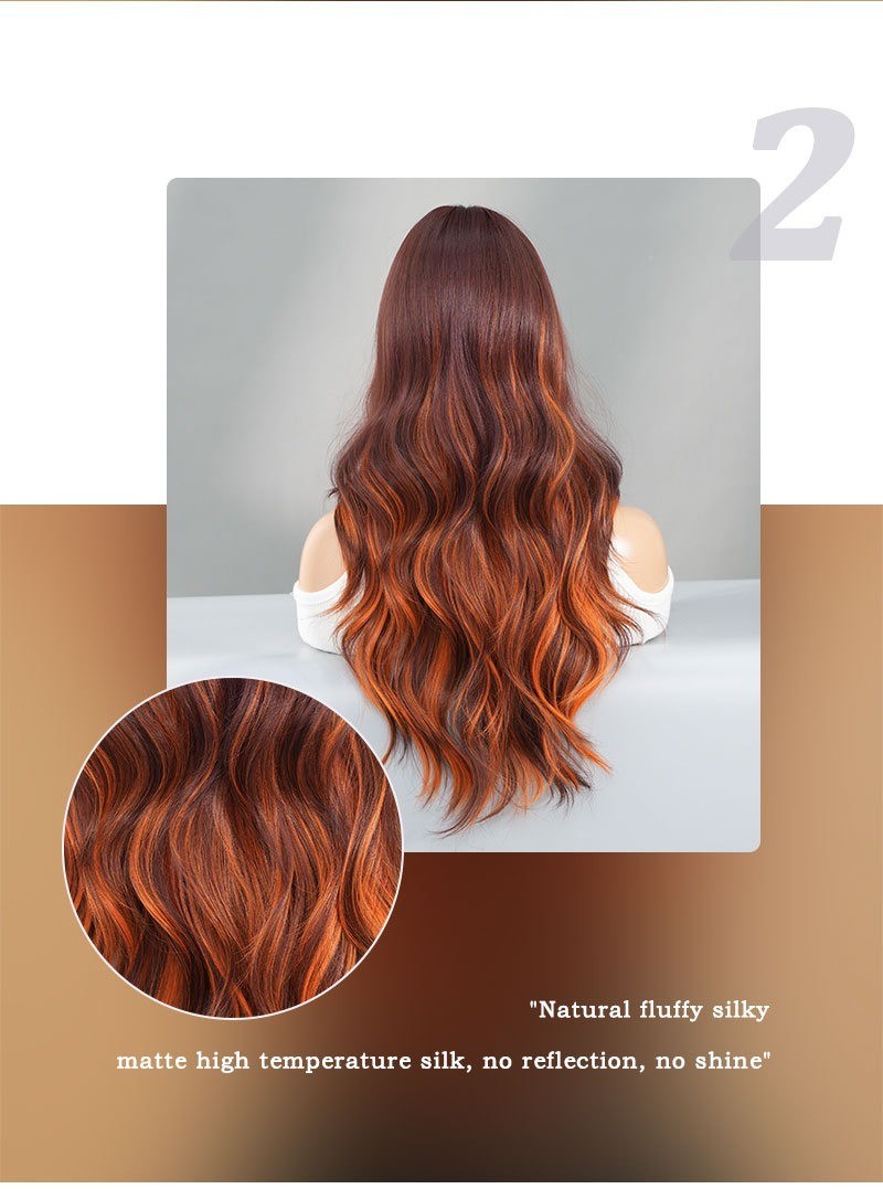 Full head wig with side-swept bangs colorful flame orange highlights and long