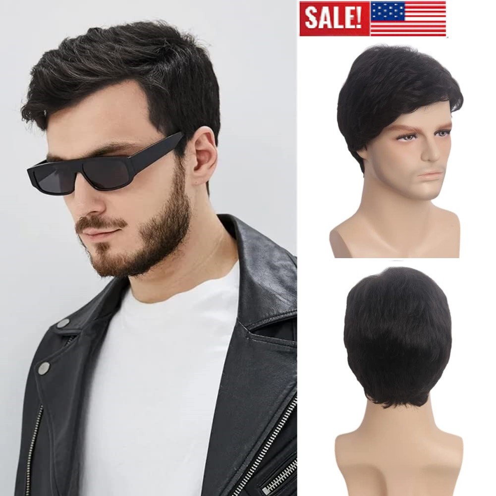 Men’s Short Black Wig Little Wavy Synthetic Straight Hair Daily Natural Look