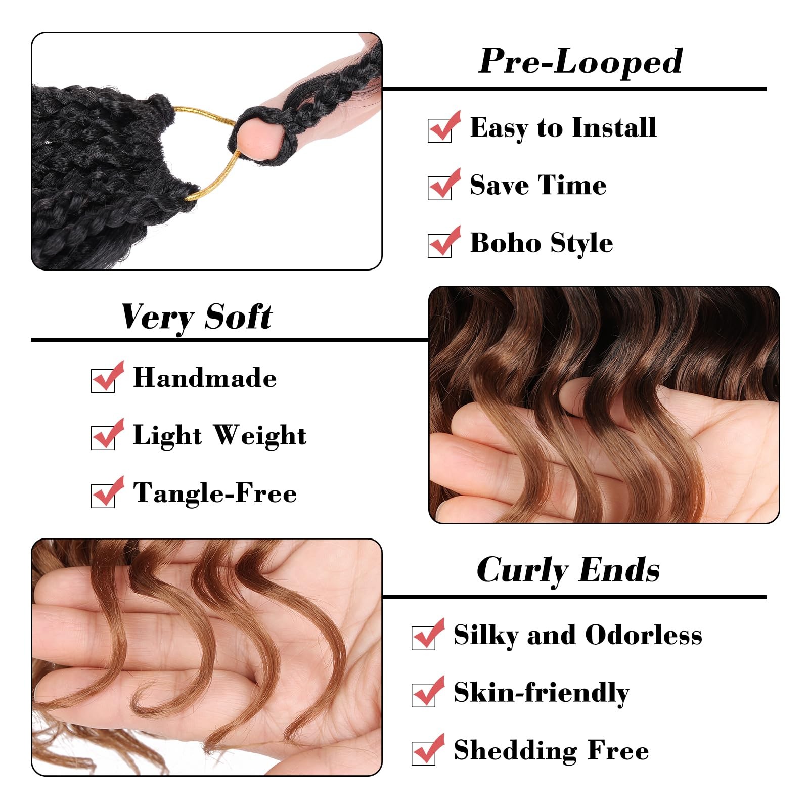 10 Inch 8 Packs Curly Crochet Hair Pre Looped Boho Ocean Wave Crochet Hair Bl.