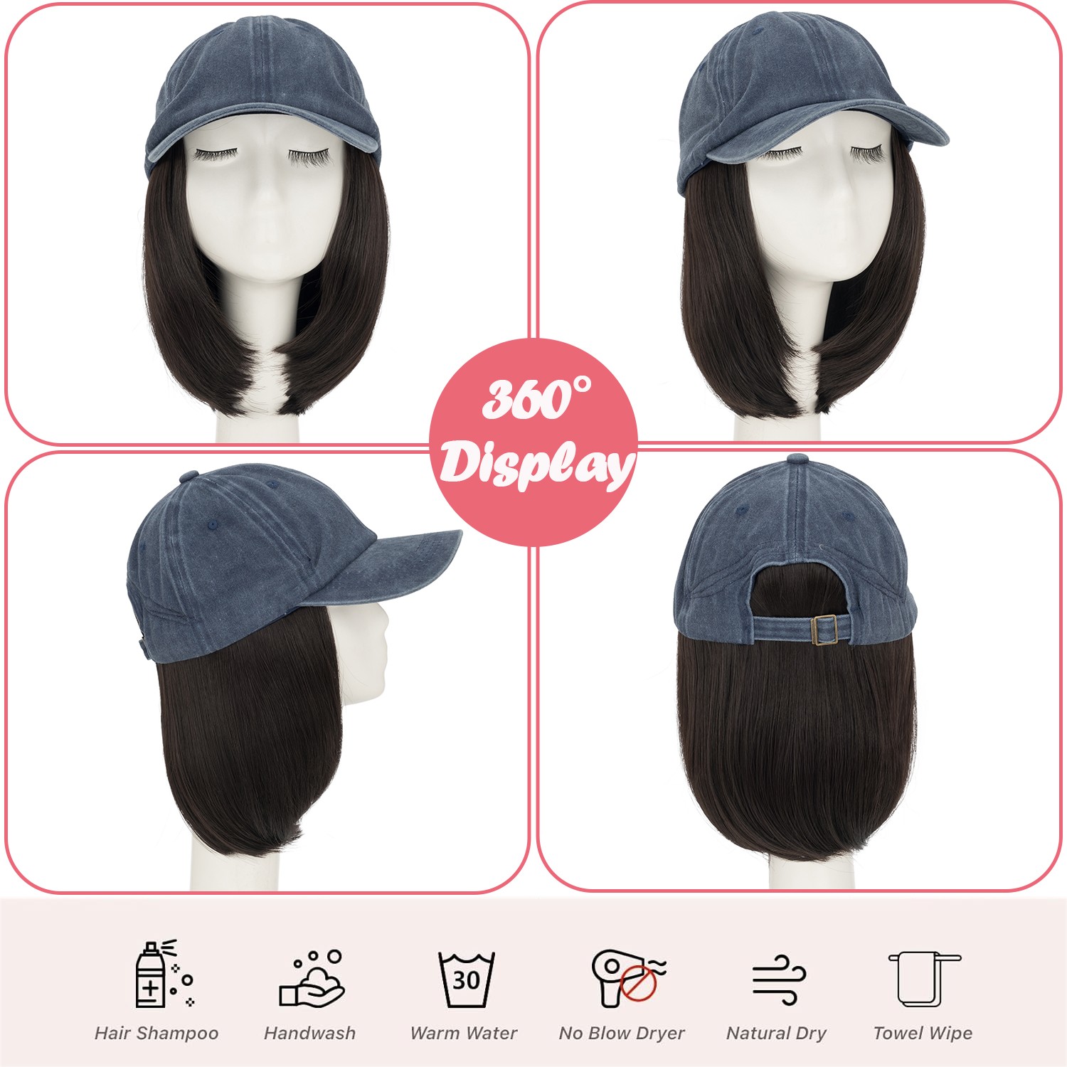 Instant Style 6″ Straight Cap Wig Adjustable Baseball Hat with Attached Hair Wig