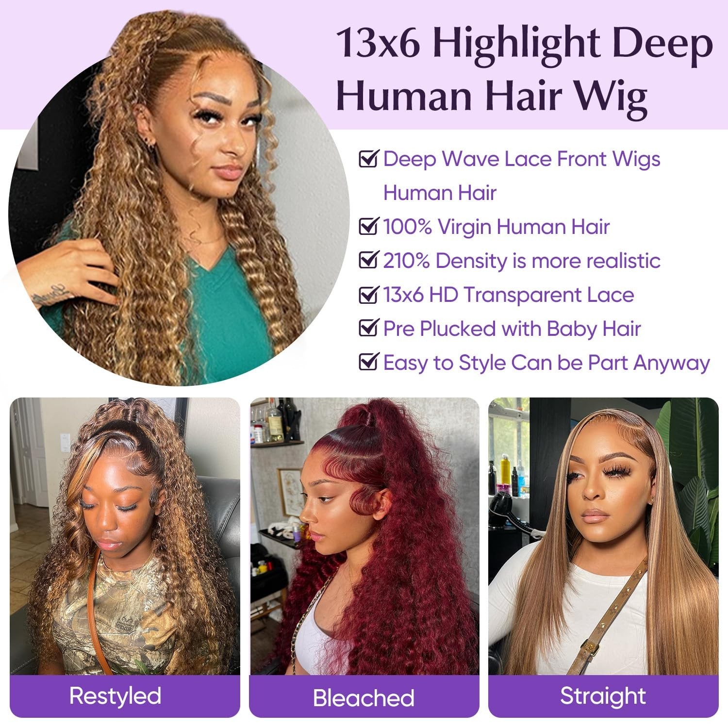 30″ Ombre Lace Front Wig Human Hair Deep Wave 13×6 HD Honey Blonde Curly Wigs