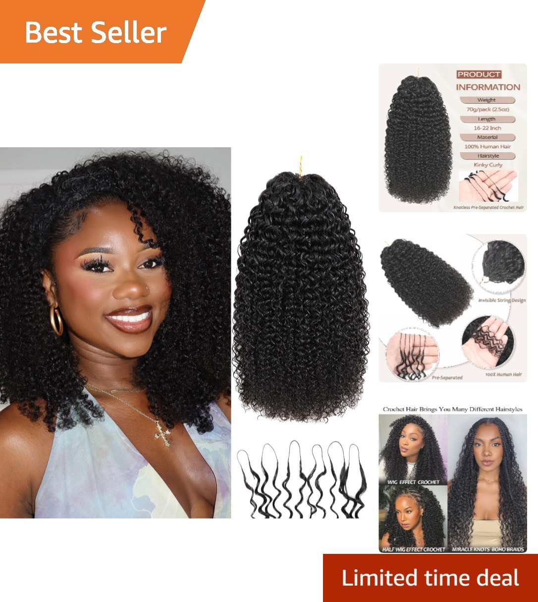 Kinky Curly Miracle Knots – 70g Invisible Human Crochet Hair Extensions 16 Inch