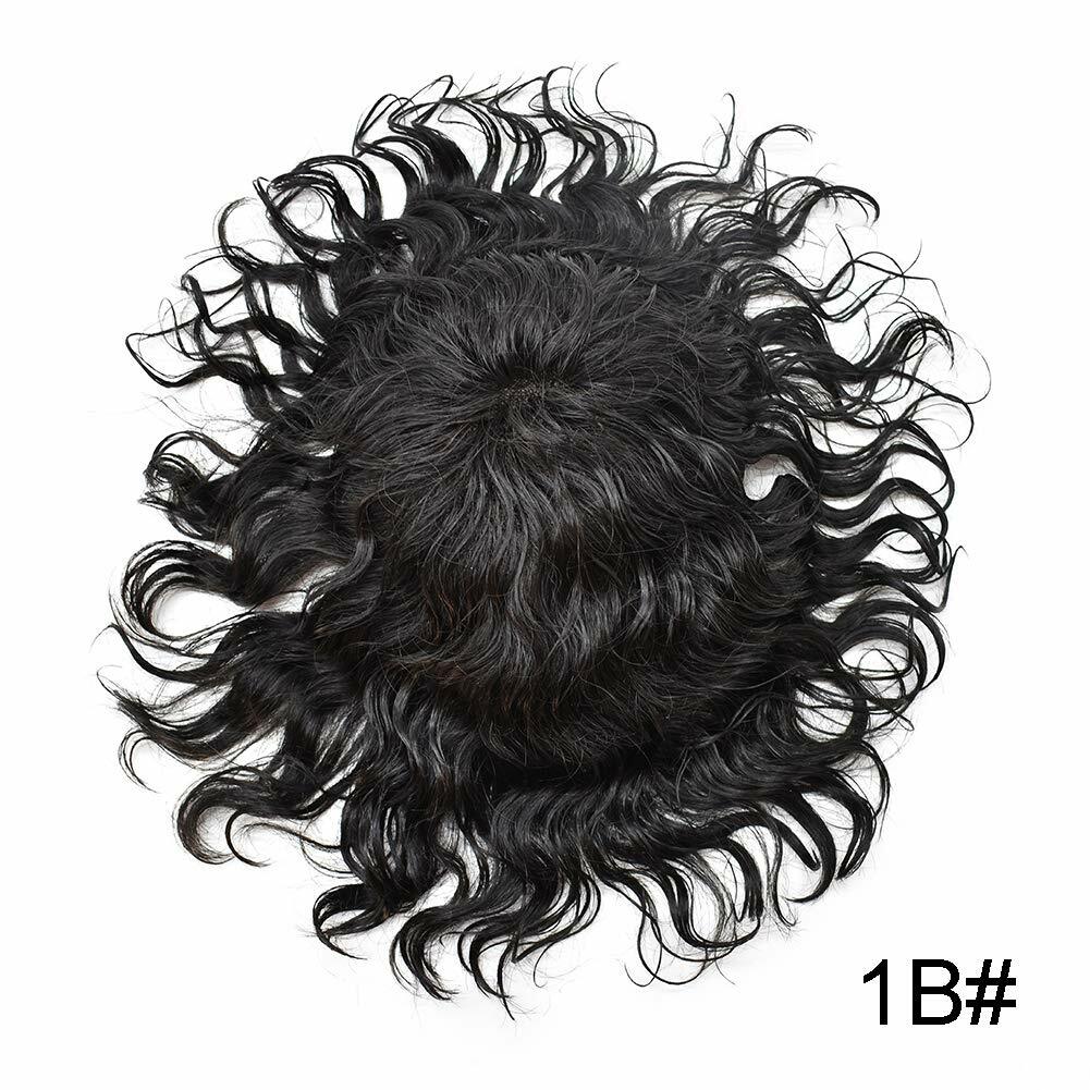 Mens Toupee Curly Wavy Human Hair Replacement System 20MM Wave Mono Poly NPU Wig